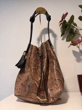 Vince Camuto -Brown Snake-Print Drawstring Bucket Bag